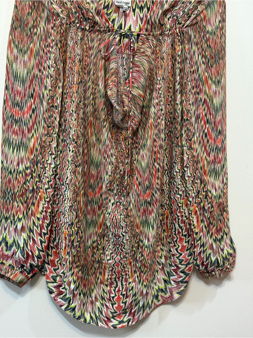 Haute Hippie Multicolor Zigzag Blouse with Tie Neck